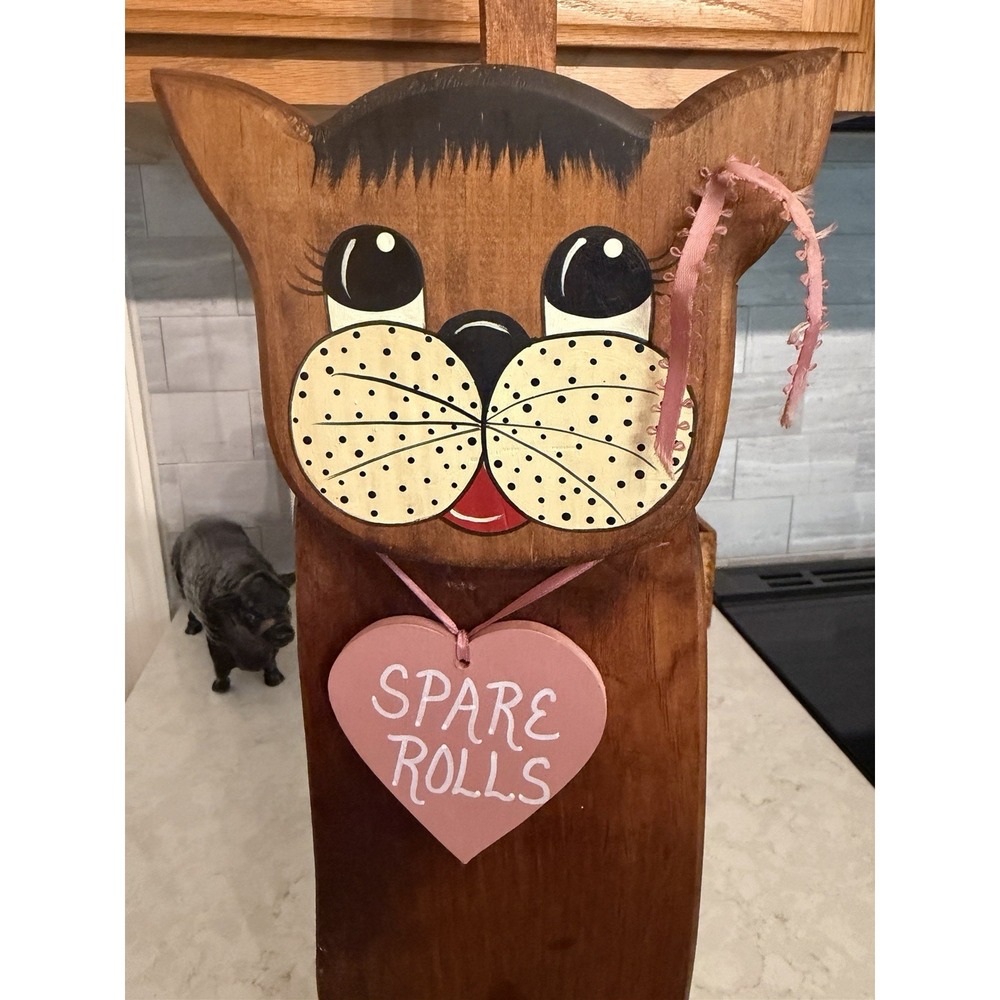Vintage 1980's Cat Toilet Paper Holder Bathroom Folk Art "Spare Rolls"